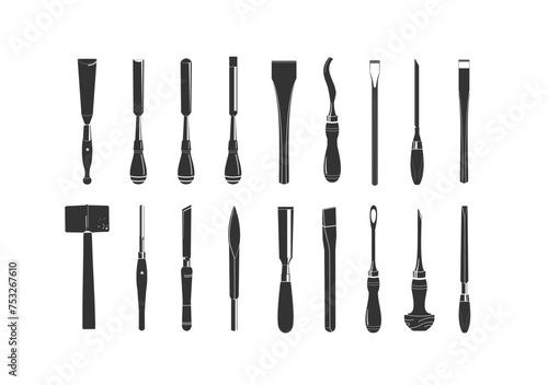 Vintage retro hipster icon set chisel. logo Carpentry tools silhouette