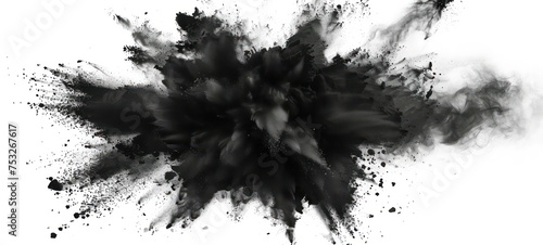 Black powder explosion isolated on white background, charcoal like particles concept.