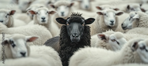 black sheep among a flock of white sheep, raising head as a leader