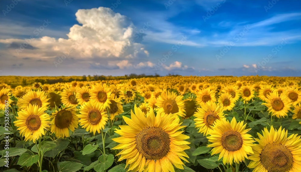 Sunflower field over cloudy blue sky