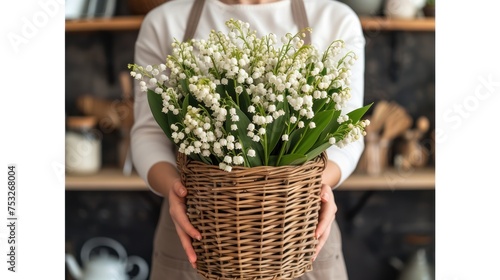 a person holding a wicker basket with lily of the valley flowers in front of a shelf with other items. photo