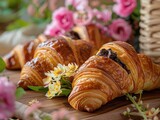 Tempting Croissants and Nature's Beauty - Golden-Brown and Flaky Croissants with Rich Chocolate Filling - Vibrant Flowers Creating a Tempting Display Amidst the Beauty of Nature