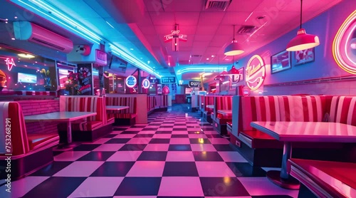 Retro 1950s Diner Interior with Neon Lights and Checkered Floors, Nostalgic Vintage Atmosphere photo