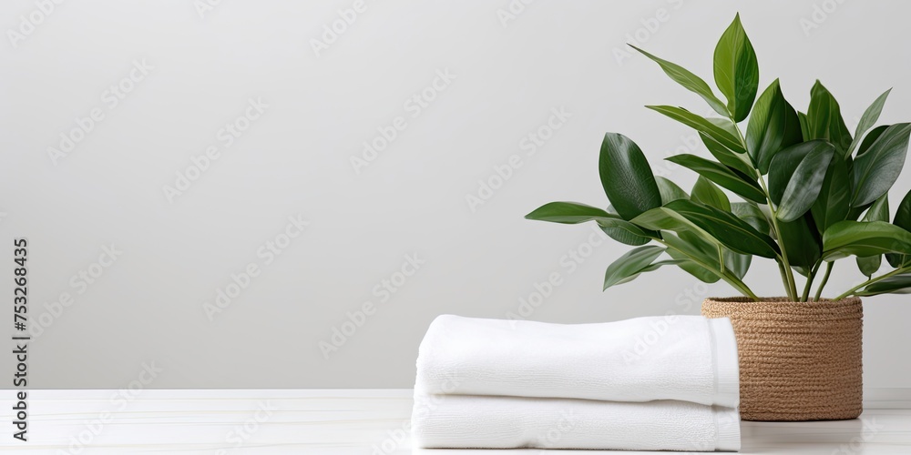 White table with houseplant and clean bath towel, space for copying. White table with houseplant and clean bath towel, space for copying.
