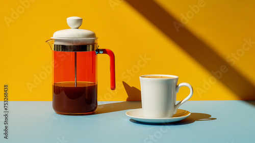 A cup of coffee next to a French press in a minimal style. Coffee break. Morning ritual