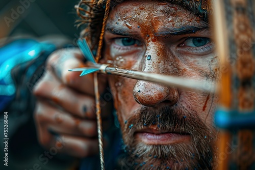 Close-up of a man in a professional archery competition with intense focus and palpable tension. Archer man in absolute concentration for precision.