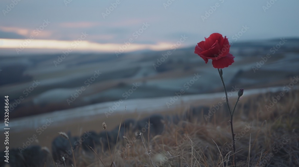 a single red rose sitting on top of a dry grass field next to a field with a view of a valley in the distance.