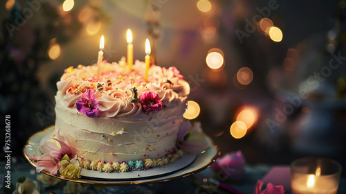 Candles lit on a pink and white cake decorated with floral icing.