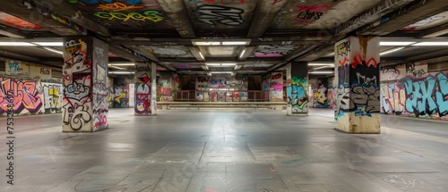Empty underground subway station with graffiti wall abstract background. Idea for artistic pop art background backdrop. Empty open space interior background. Template 3d rendering. Generative ai