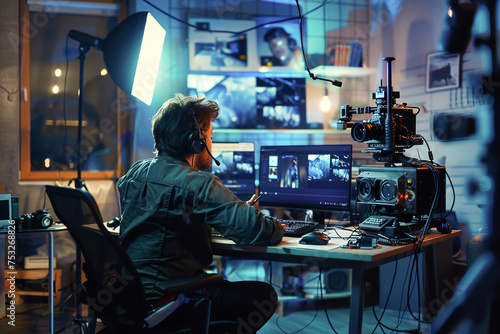 A digital content creator edits videos in a modern studio, crafting content for online platforms, surrounded by cameras and computers.