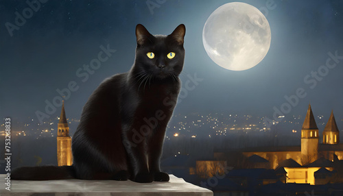 black cat on roof at full moon