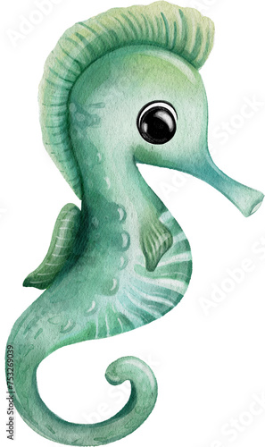 Watercolor Green Seahorse Illustration. A charming watercolor illustration of a green seahorse with big, expressive eyes and a curly tail. Perfect for children's books, nursery decor, greeting cards photo