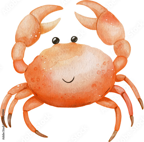 Watercolor Cute Crab Illustration. A charming watercolor illustration of a smiling crab with bright orange claws and a cheerful expression. Perfect for children's books, nursery decor, greeting cards