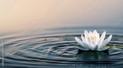 a close up of a white waterlily with a white lily in the middle of the water with a light in the background.