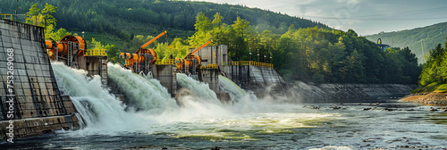 Technicians installing hydroelectric turbines in a river, harnessing the power of flowing water to generate renewable energy for sustainable development.