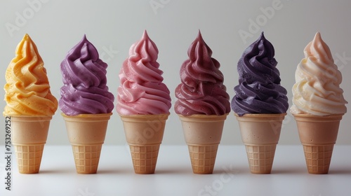 a row of ice cream cones with different colored toppings on top of each of the cones in front of a white background. photo