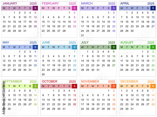 Modèle de calendrier 2025 pour agenda, planning, organiseur avec textes en anglais - textes vectorisés et non vectorisés sur calques séparés