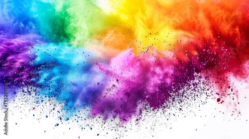Colored powder explosion, abstract dust on white background. Banner for bright Indian colorful festival Holi. Concept happy holiday of color, splash rainbow paint colors, vivid explode for funny party