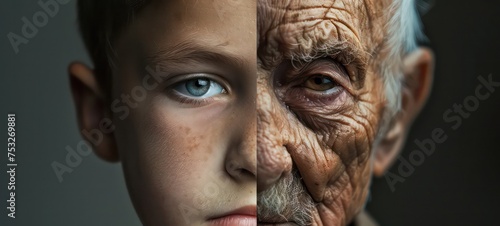 Face divided into two halves - one half of kid boy and half of old man © Ibad