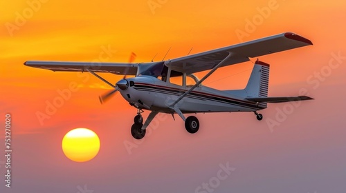 a small airplane flying in front of a sunset with a person taking a picture at the bottom of the picture.