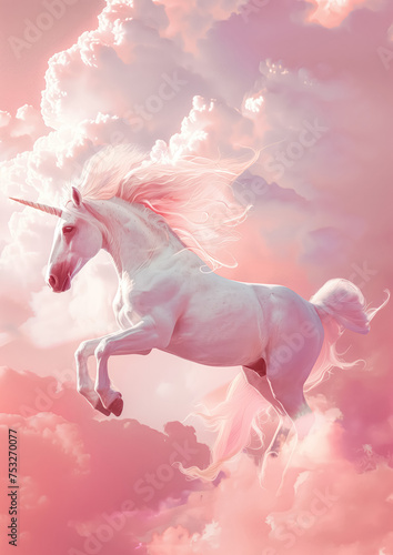 Fantasy shot of flying white unicorn  standing on its hind hooves around pink clouds in sky atmosphere