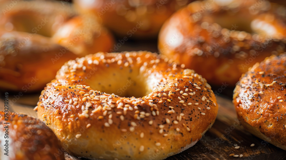 Freshly baked bagels with sesame seeds, up close and delicious.