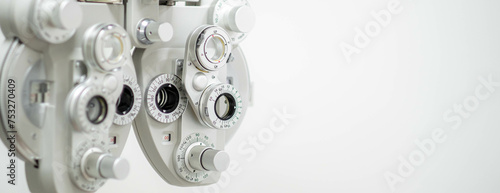 ophthalmology banner with copyspace close up of phoropter, specialized instrument used in eye examinations to measure refractive errors and determine eyeglass prescriptions, eye medical clinic
