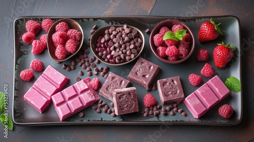 a tray with chocolates, raspberries, raspberries, chocolates, and raspberries. photo