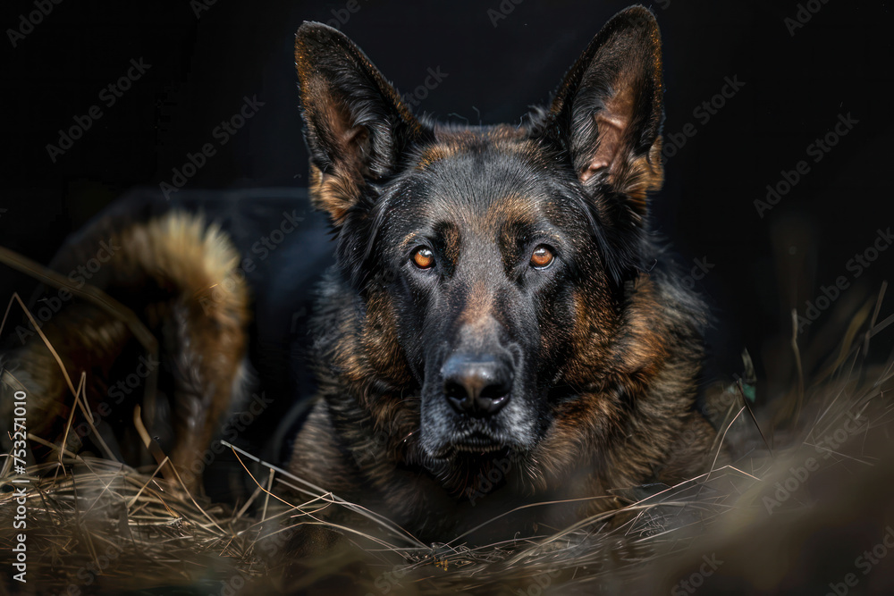 Portrait of a male German Shepherd looking at the camera.