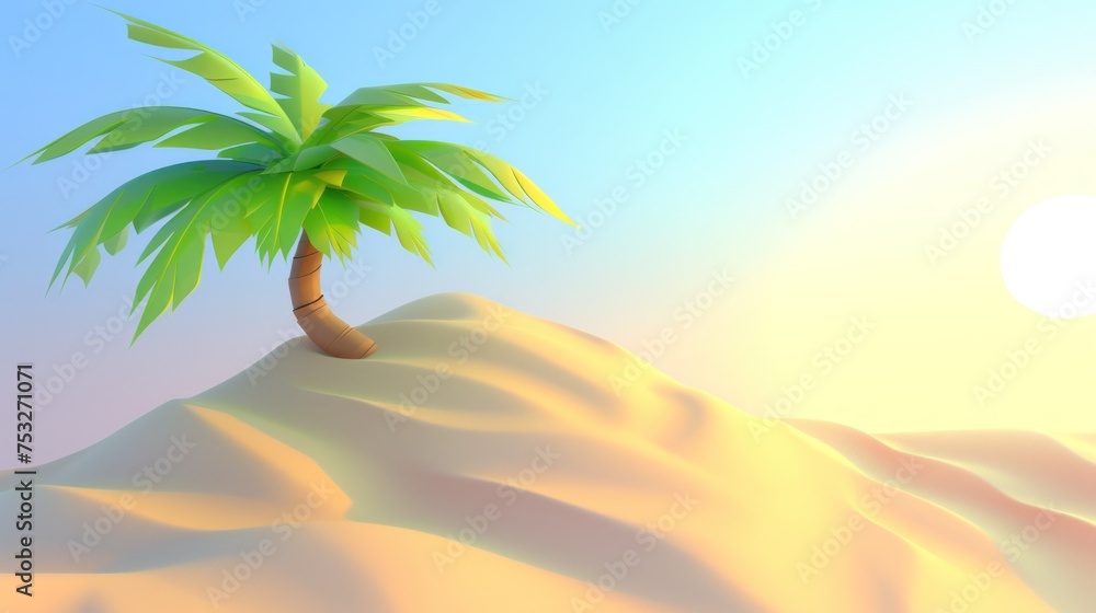 a small palm tree sitting on top of a sandy hill in a bright, cartoon - like area of a desert.