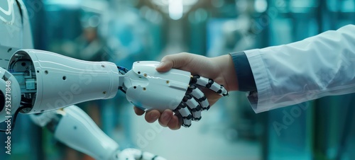 Handshake between human and robot in a research lab