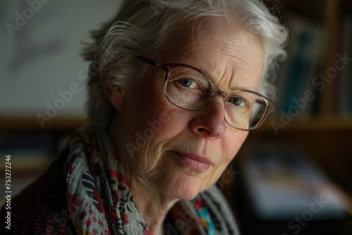 Portrait of an elderly woman wearing glasses looking at the camera.
