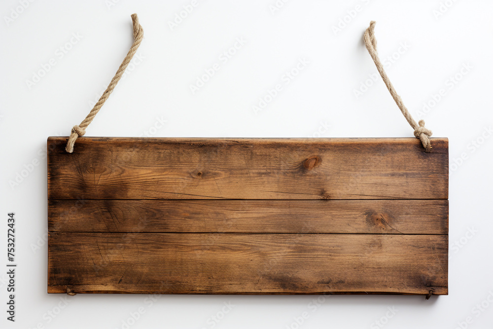 photo of a wooden plank hanging on ropes on a white background сreated with Generative Ai photo of a wooden plank hanging on ropes on a white background сreated with Generative Ai
