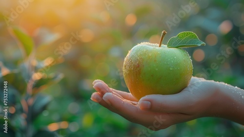 a person's hand holding a green apple with a green leaf on it in front of a blurry background.