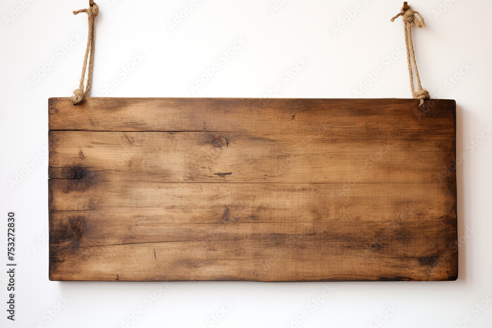 photo of a wooden plank hanging on ropes on a white background сreated with Generative Ai photo of a wooden plank hanging on ropes on a white background сreated with Generative Ai