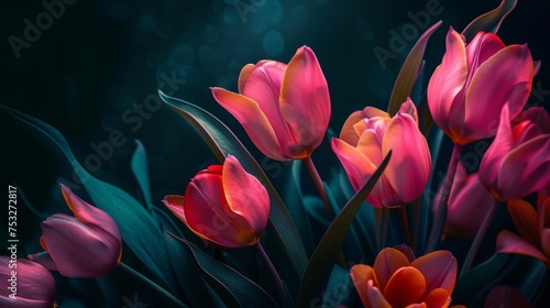 Red tulips on a dark background