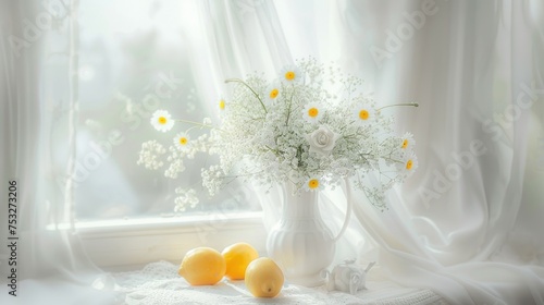 a vase filled with white flowers next to three lemons and a vase of daisies on a window sill. photo