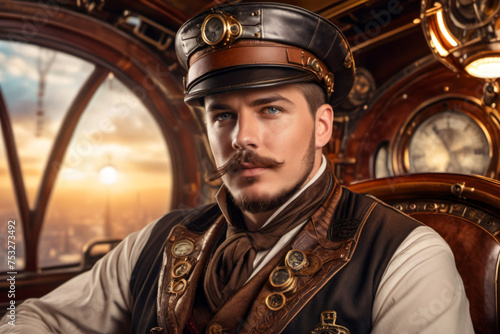 Close up portrait of young caucasian Steampunk airship captain with blue eyes, hat and moustache, seated in the aircraft cabin, wearing uniform with clocks photo
