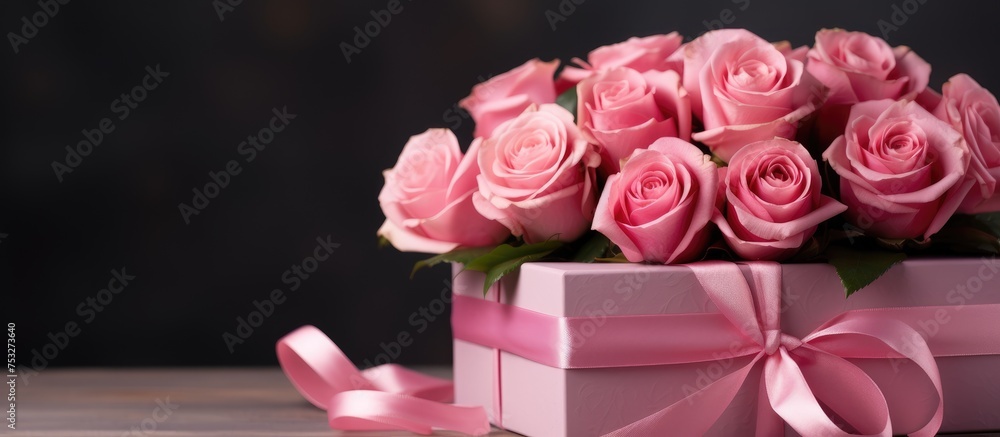 Fresh roses packaged in a pink box against a light background for romantic occasions Fresh roses packaged in a pink box against a light background for romantic occasions