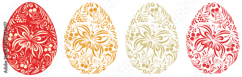 A set of Easter eggs in folk Russian style with elements of patterns and ornaments in an ancient Russian theme. Traditional, folk motif. Vector Easter twigs, berries, flowers, leaves and butterfly.