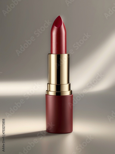 Lápiz labial burdeos con acabado satinado, maquillaje  en envase dorado sobre fondo claro.
