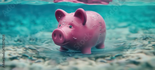 Pink piggy bank sinks underwater, drowning to the bottom of sea water