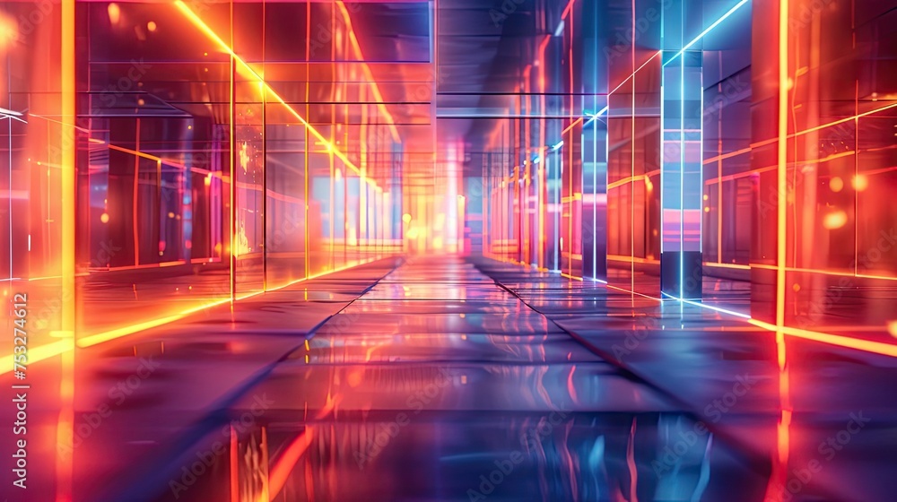 Obraz premium Futuristic corridor illuminated by vibrant neon lights, with a reflective floor and modern design