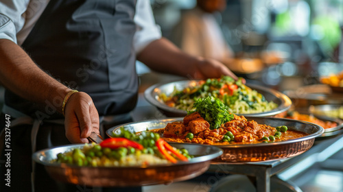 a Indian Cuisine, Palak Paneer, Waiter serving in motion on duty in restaurant. The waiter carries dishes