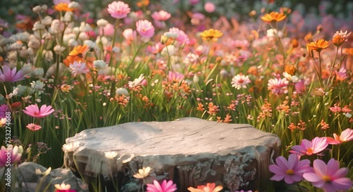Chic Natural Podium for Product Showcase Amidst Enchanting Field of Blossoming Flowers photo