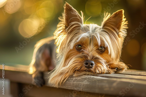 A Yorkshire Terrier rests its chin on a bench, its coat glowing in the warm sunset light.