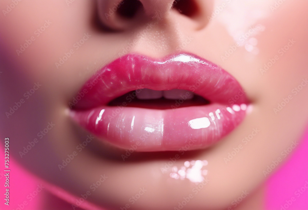 Smears of transparent shining lip gloss on lips Beauty face cosmetics Smears of transparent shining lip gloss on lips Beauty face cosmetics