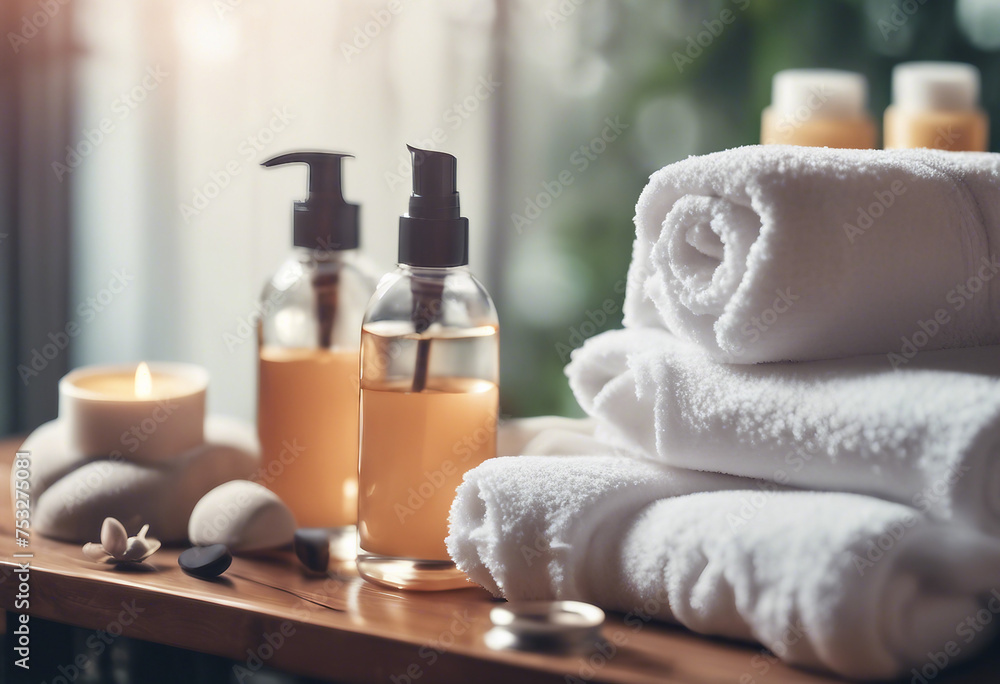 Spa and wellness composition with towels and beauty products Wellness center hotel bodycare bottle mock ups Spa and wellness composition with towels and beauty products Wellness center hotel bodycare bottle mock ups