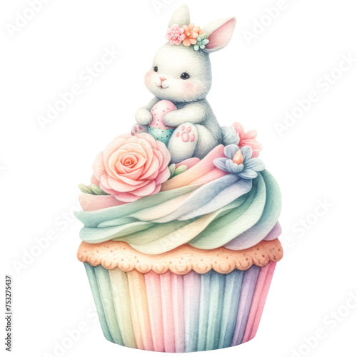 Easter egg and bunny with floral cupcake watercolor, Sweet dessert, Festive decoration, Isolated on transparent background. Generative AI © BussarinK