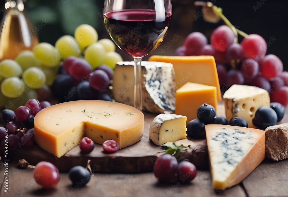 Variety of different cheese with glass of wine and fruits Variety of different cheese with glass of wine and fruits